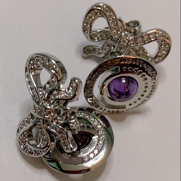 silver tone signature Orb Drop of crystal Bow small earrings - Picture 7 of 10